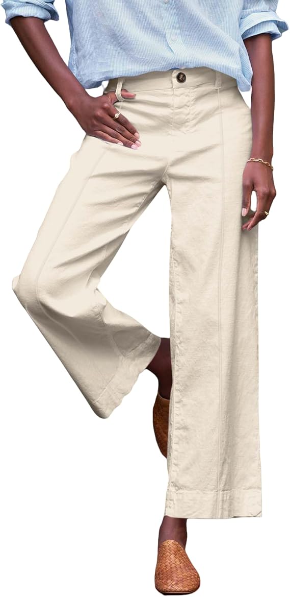 Twill Wide Leg Pants for Women Comfy Elastic Waist Dress Pants Business Casual Palazzo Pants with Pockets Chino Pants