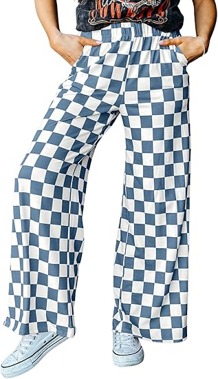 Womens Casual Checkered Pants Elastic Waist Comfy Loose Wide Leg Pants with Pockets