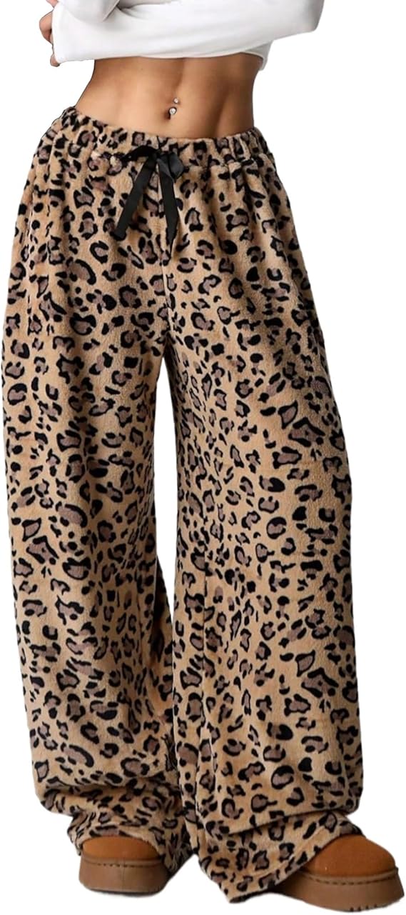 Leopard Pants Women Therian Fuzzy Pajama Pants Y2k Cheetah Pants Grunge High Waisted Fluffy Pants